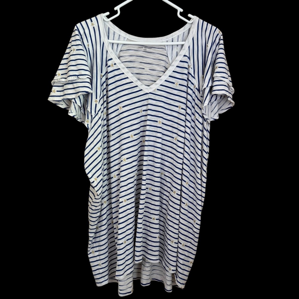 Lane Bryant Stars Striped Top 26/28 Flutter‎ Sleeve Patriotic Coastal Celestial